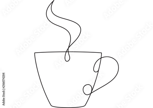 Minimalist single line vector illustration of a steaming coffee cup featuring clean black strokes on a simple white background