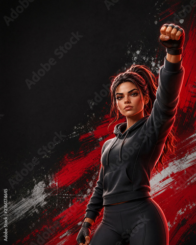 Powerful female fighter raising fist, determined woman in black hoodie, athletic girl with clenched hand on red splash background