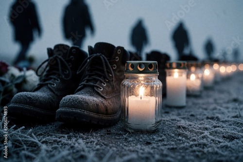 Lit candles in glass jars stand by snow-covered boots, line extending into blurred crowd at dusk. Golden flame flickers against grey winter air, marking silent memorial on frost-bitten land. Dark