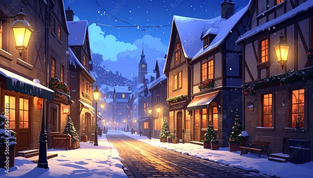Fototapeta premium Anime-Style Illustration of a Snowy European Village Street at Winter Night