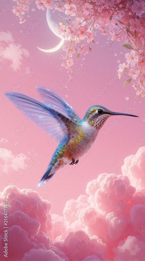Naklejka premium Small hummingbird flies midair over pink clouds near moon and cherry blossoms. Tiny bird has blue translucent wings, blurred motion. Fantasy creature in soft sky.