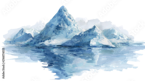 Watercolor Iceberg Mountain Landscape with Snowy Peaks and Reflective Polar Water Isolated on Transparent Background