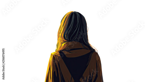 Mysterious Woman Seen from Behind with Long Dark Hair and Hooded Jacket Digital Illustration Isolated on Transparent Background