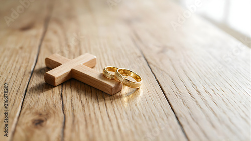 A wooden cross and two gold rings on a rustic wooden table, representing Christian marriage and faith