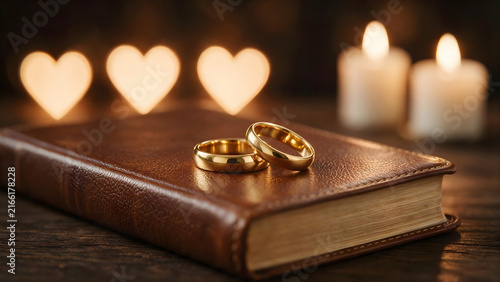 A wooden cross and two gold rings on a rustic wooden table, representing Christian marriage and faith