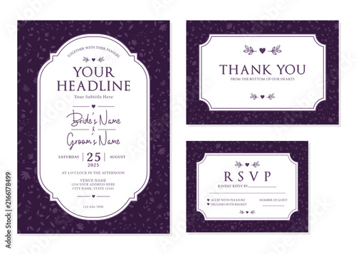 Dark Purple Botanical Pattern Wedding Invitation Suite Vector Template