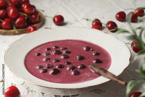 A bowl with traditional Hungarian cherry cold soup Meggyleves