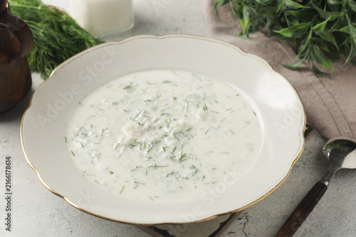 A bowl with traditional Azerbaijan soup dovga	