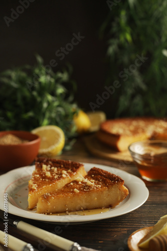 A traditional dish of the cuisine of Greece - Melopita, a honey cheesecake	
