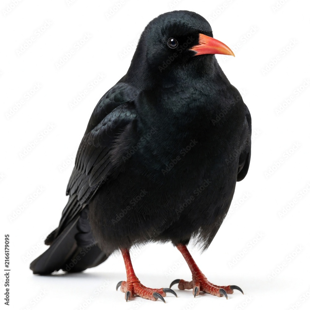 Naklejka premium Black chough bird with orange beak stands still. This wild avian creature has glossy dark feathers and sharp talons on red legs against a white backdrop.