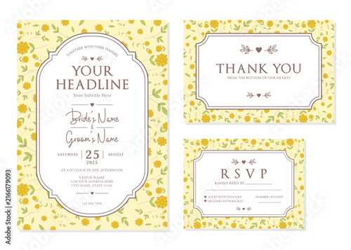 Yellow Sunflower Floral Botanical Wedding Invitation Suite Vector Template