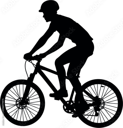 Cyclist riding mountain bicycle silhouette, young man with helmet on bike vector