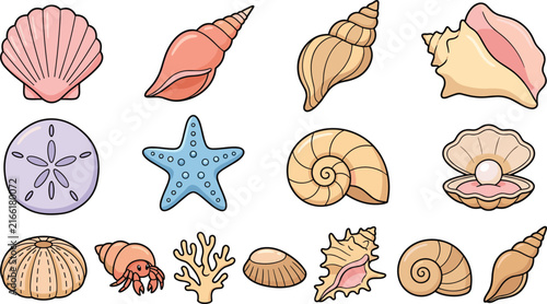 Colorful Aquatic Seashells Illustration Collection with Nautilus, Conch, Sea Urchin, and Snail Shells for Beach Theme Graphic Design Layouts