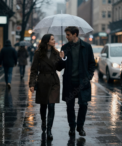 Couple sharing a transparent umbrella while walking through a rainy city street, wet pavement reflections, cinematic lighting, intimate atmosphere and luxury editorial photography