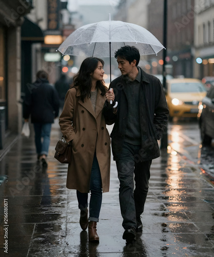 Couple sharing a transparent umbrella while walking through a rainy city street, wet pavement reflections, cinematic lighting, intimate atmosphere and luxury editorial photography