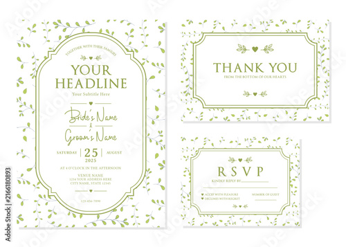 Light Green Botanical Vine Wedding Invitation Suite Vector Template