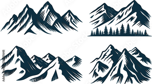 Hand drawn mountain peaks icon set, engraved vintage ridge style vector illustrations