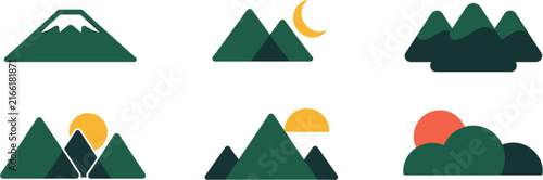 Minimalist mountain icon set, green peaks with sun, moon and fuji elements