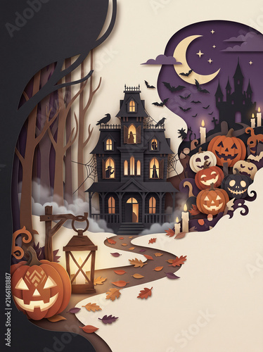 Paper cut style halloween haunted house illustration, papercraft spooky house with glowing windows raven flying bats and cat silhouette, and halloween invitation design. Simple flat design.