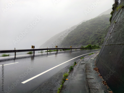 Wet Coastal Highway and Misty Mountains in Muroto on Shikoku Henro Pilgrimage Route, Kochi, Japan 2026