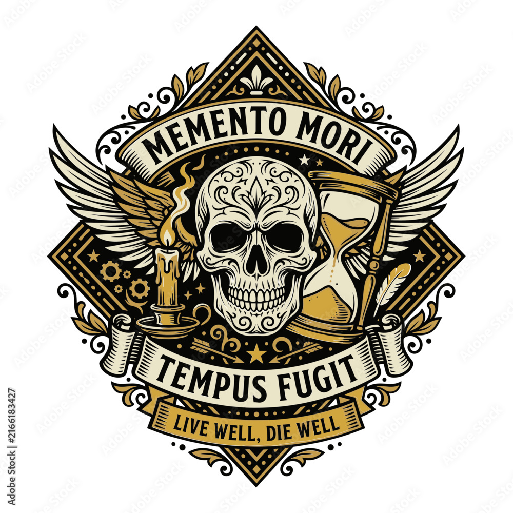 Fototapeta premium Vintage Memento Mori and Tempus Fugit emblem featuring a skull, hourglass, candle, and wings.