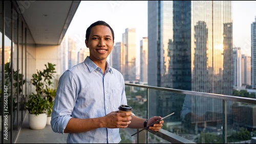 Busy young Indonesian business man executive standing in office using digital tablet. Young professional businessman corporate manager wearing suit and glasses holding tab working on finance project