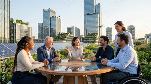 Business meeting on rooftop overlooking modern city skyline during sunset outdoor gathering with diverse professionals enjoying the view