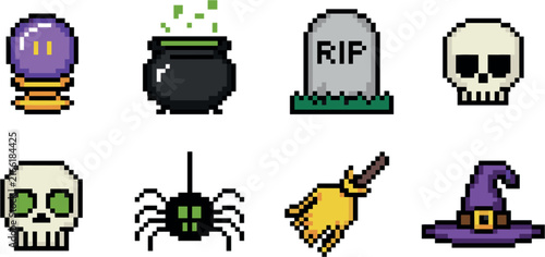 Pixel art Halloween magic icon set, 8 bit retro witch cauldron skull and graveyard vectors