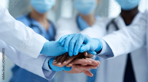 doctors and nurses stacking hands in a medical team, symbolizing teamwork, collaboration, unity, support, healthcare, and professional cooperation