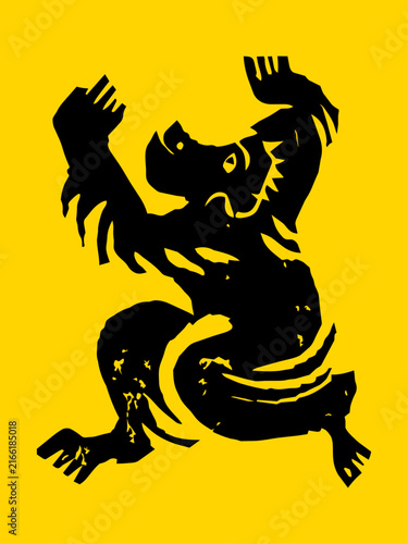 Foto A bold black woodcut-style illustration of a stylized, contorted ape figure on a vibrant yellow background