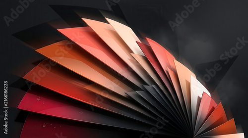 Abstract composition of layered rectangular sheets in shades of red orange and black
