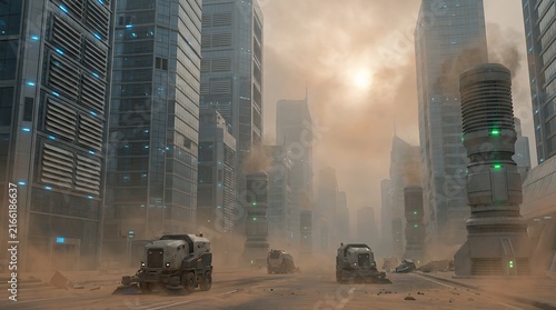Dystopian futuristic city construction with industrial smoke and heavy machinery in a ruined urban landscape