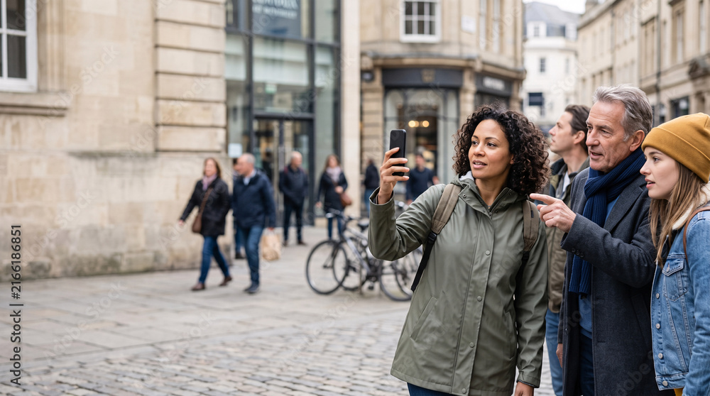 Obraz premium Groupe de touristes utilisant un smartphone pour s’orienter dans une ville