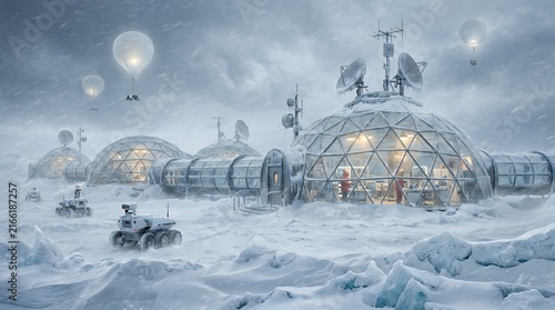 Futuristic arctic space base with geodesic domes and hot air balloons in a snowy landscape