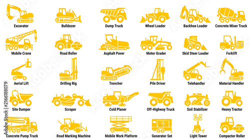 Construction Equipment Collection: A vibrant yellow collage showcasing a diverse array of heavy machinery essential for construction projects, from excavators to cranes and dump trucks.