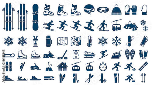 Winter Sports Icons Collection: A comprehensive array of graphic icons representing various winter sports activities and equipment, perfect for design projects.