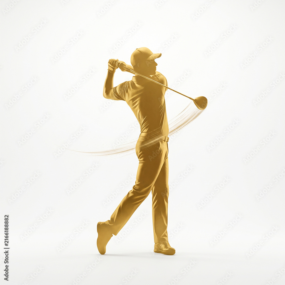 Fototapeta premium Golden silhouette of a golfer completing a swing motion on an isolated white background, abstract minimalistic sports illustration of power and movement