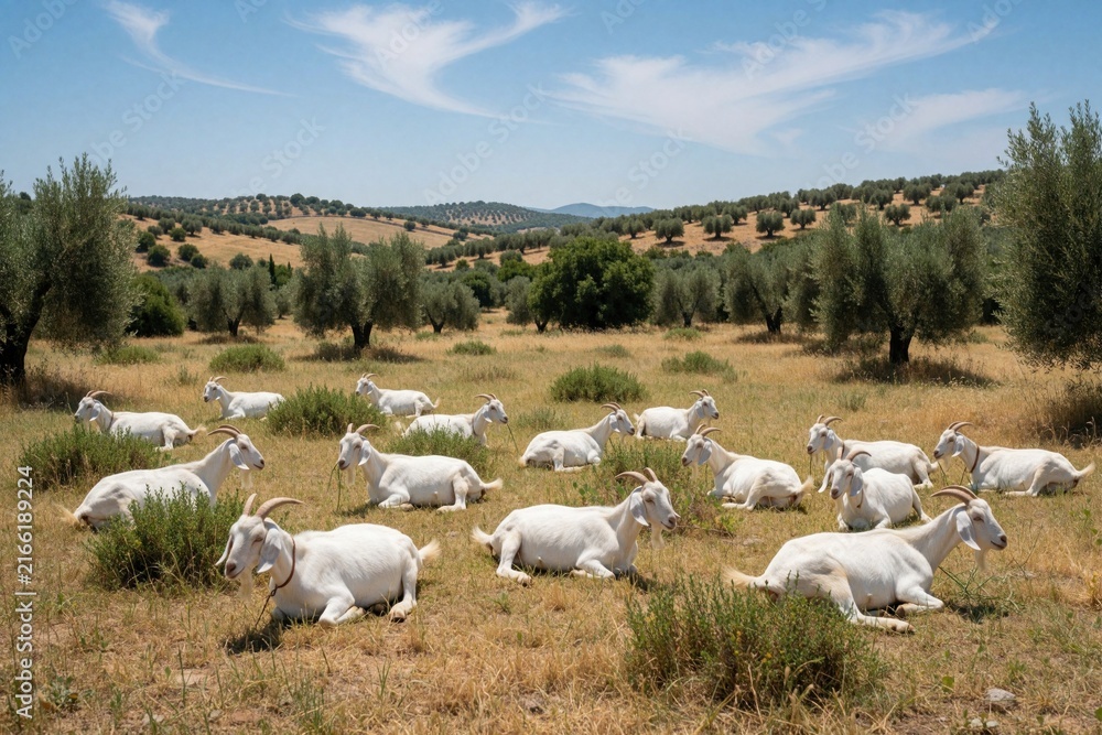 Fototapeta premium Herd of white Andalusian goats lies on Mediterranean pasture near olive trees. Animals rest peacefully under a clear blue sky on a sunny day.