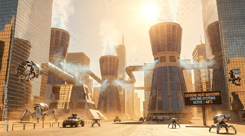 Futuristic City with Giant Cooling Towers and Robotic Vehicles in a Hot Environment