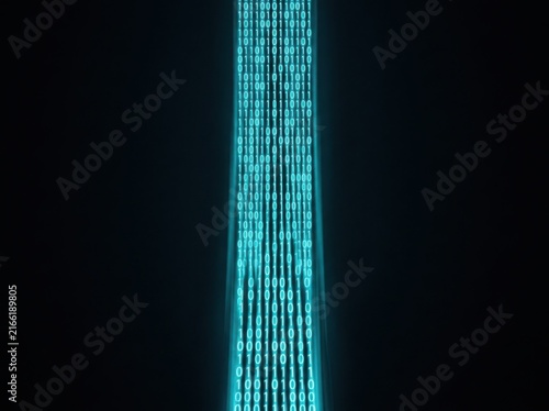 Glowing stream of binary code data flowing through a dark background