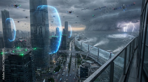 Futuristic Cyberpunk Cityscape Night with Flying Cars and Dramatic Lightning Storm