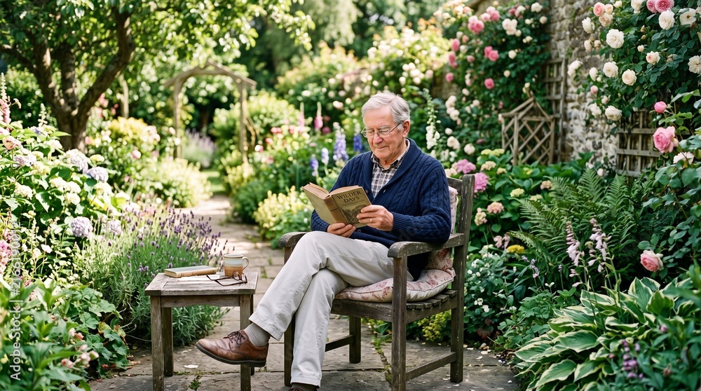 Fototapeta premium Senior man reading a book in a beautiful blooming garden