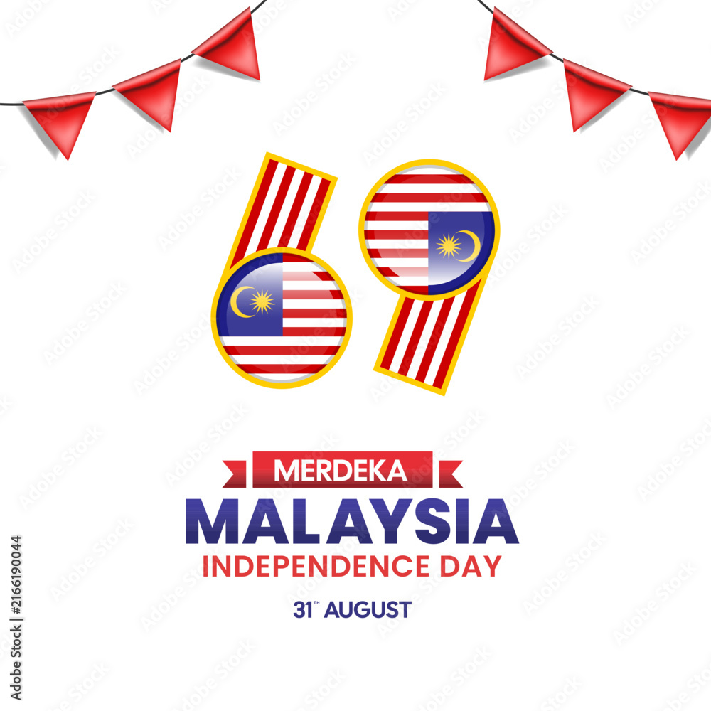 Fototapeta premium malaysia 69 independence day post concept. Malaysia national day 69 design for poster, banner and greeting card with text malaysia merdeka.