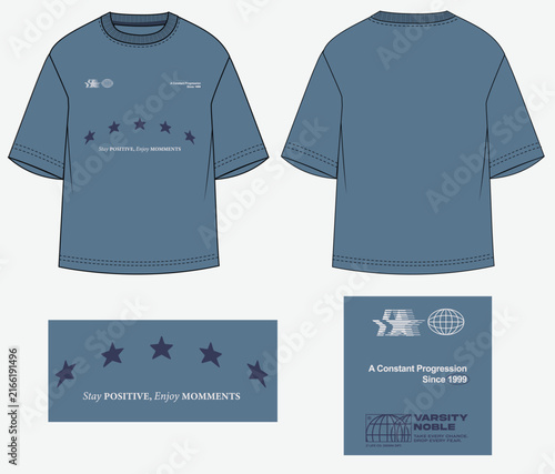 Oversized graphic t-shirt technical flat sketch. Front and back view of drop shoulder tee with streetwear typography and star placement prints. Fashion CAD tech pack template.