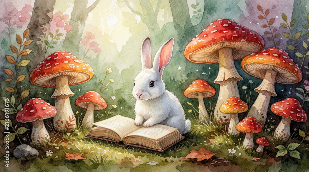 Fototapeta premium White rabbit sits on book in forest surrounded by red, white mushroom. Book lies on green field near grey rock. Tree with leaves, flowers in background. Large orange-yellow mushroom on right. Vibrant