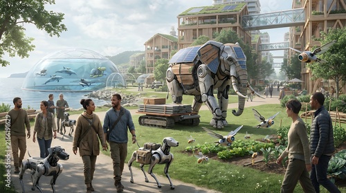 Futuristic mechanical elephants walk through an expansive wooden village exploring a bright new world with modern people
