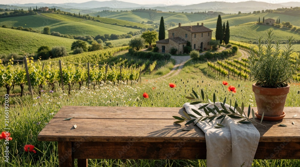Fototapeta premium Wooden table with rosemary, olive branch, and linen rests before Tuscan hills. Stone farmhouse, vineyards, and wildflowers flourish under warm sunlight, creating a serene rural scene.