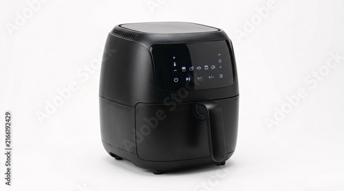 Modern black digital air fryer kitchen appliance isolated on a white background.