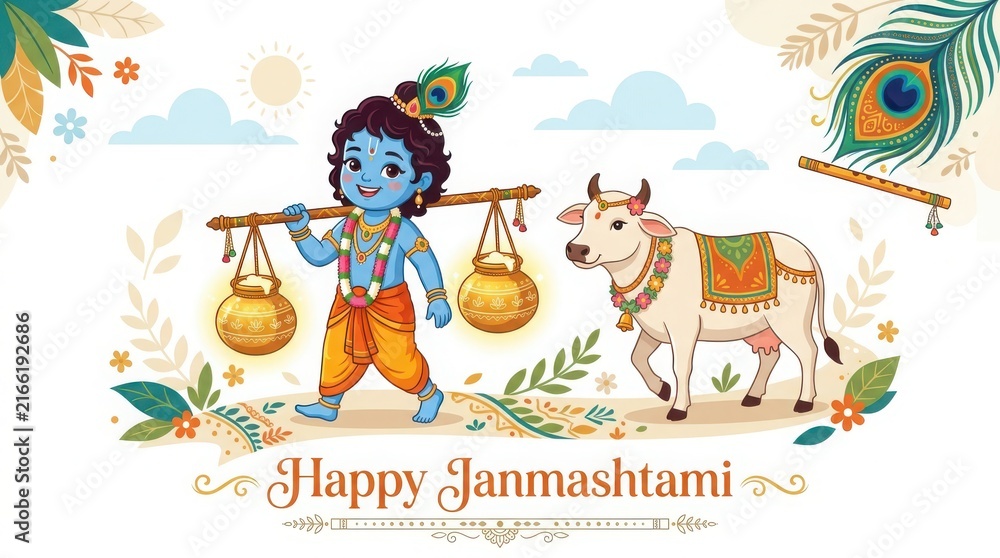Fototapeta premium Cartoon Lord Krishna carrying pots of butter on pole with sacred cow in grassy field for happy Janmashtami celebration.