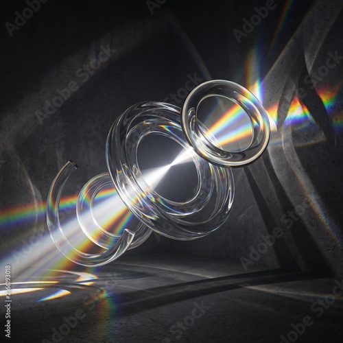 Rainbow Refraction Through Floating Glass Rings on Dark Background